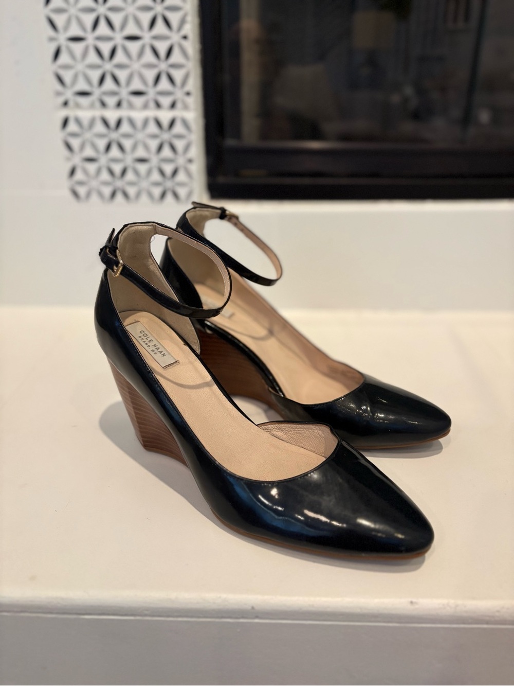 Cole Haan Stylish Black Ankle-Strap Wedge Pumps